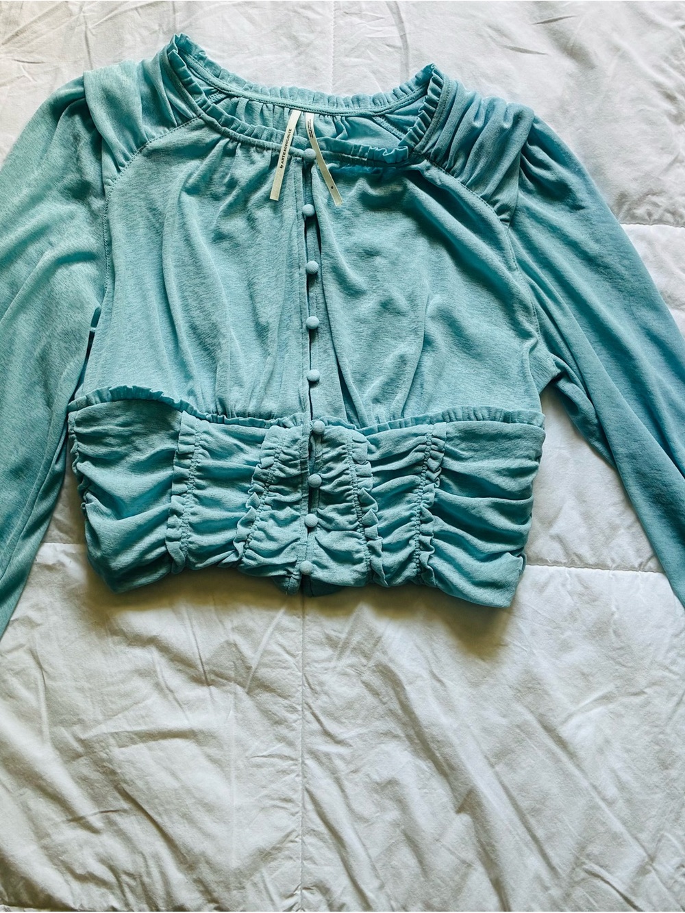 Anthropology Light Blue Ruched Button-Front Crop Top - Picture 10 of 10